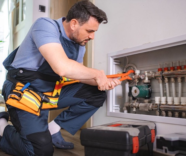 Oprava vytápění - instalatér při práci